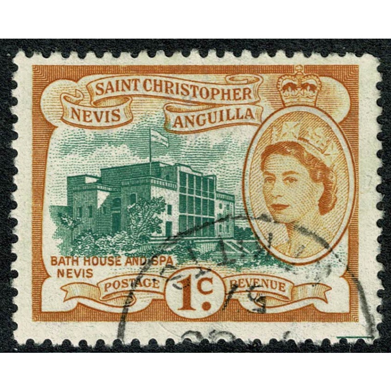 St Christopher, Nevis & Anguilla. 1954-63 1c deep green & ochre. Used single. SG 107