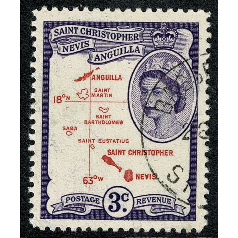 St Christopher, Nevis & Anguilla. 1954-63 3c carmine-red & violet. Used single. SG 109