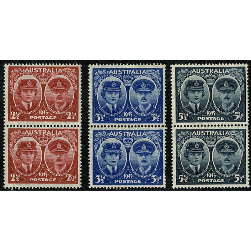 Australia. 1945 Arrival of Duke & Duchess of Gloucester. Set of 3 values. UM pairs. SG 209-211