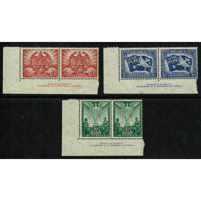 Australia. 1946 Victory Commemoration Set of 3 values. UM Imprint pairs. SG 213-215