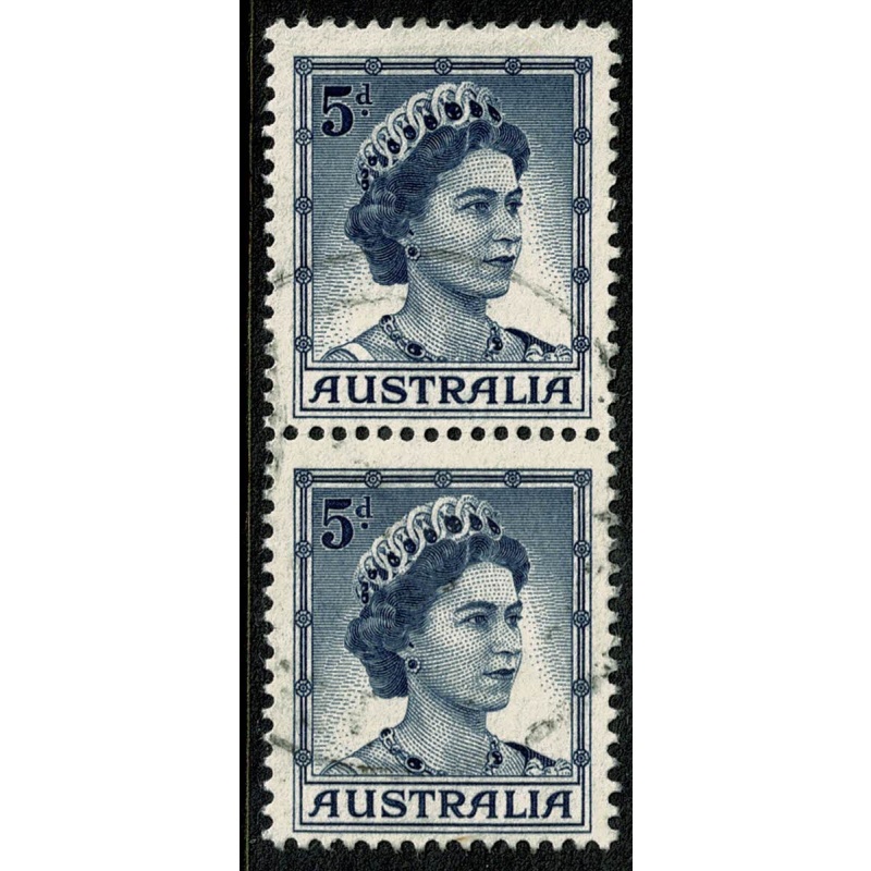 Australia. 1959 5d deep blue vertical pair (Type A & B) Fine used. SG 314a