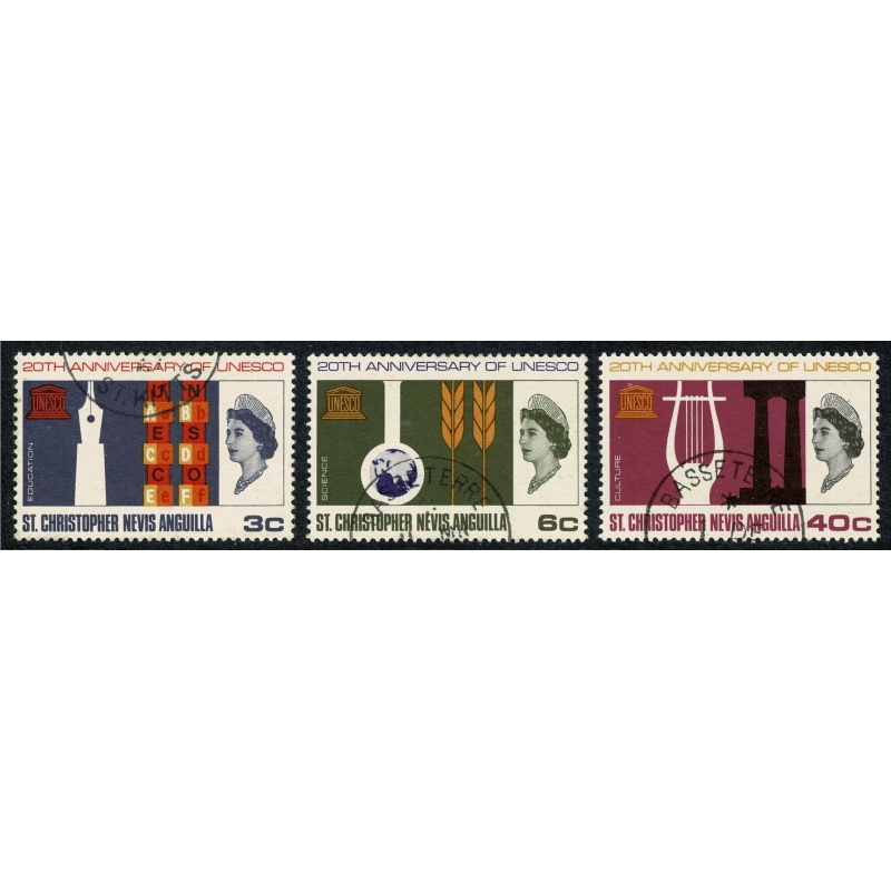 St Christopher, Nevis & Anguilla.1966 20th Anniversary of UNESCO. Set of 3 values. Fine Used. SG 163-165