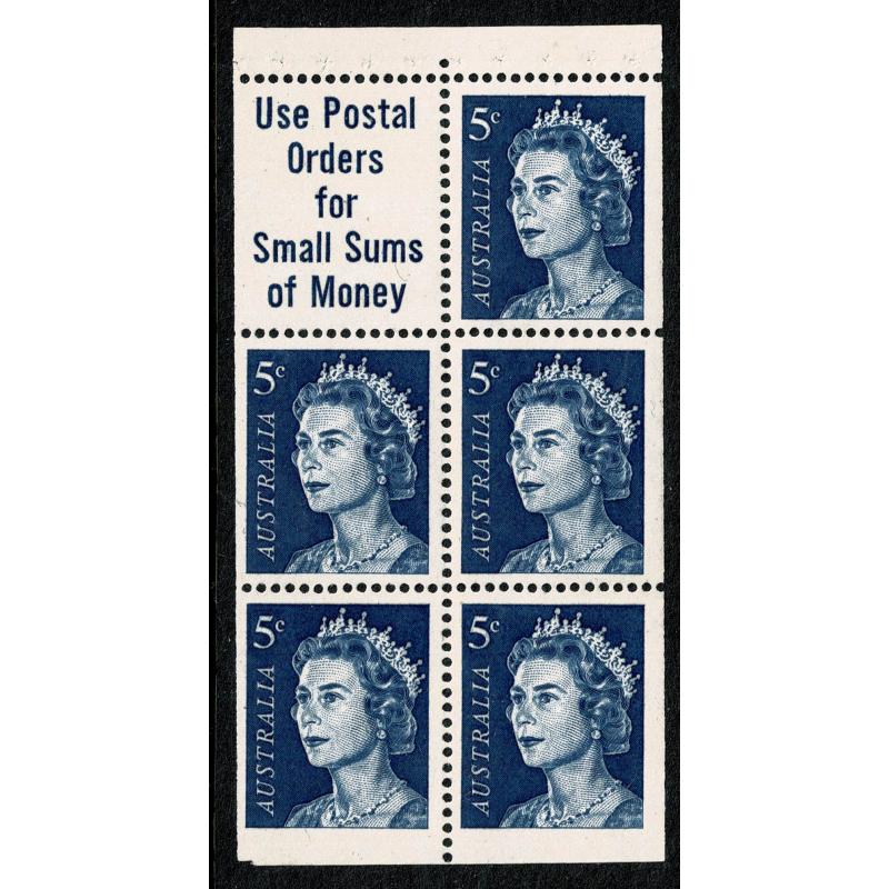 1967 5c Deep blue.  Booklet pane of 5 plus label. SG 386ca