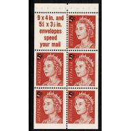 1967 5c on 4c red. Booklet pane of 5 plus label. "9 x 4 in." SG 414a