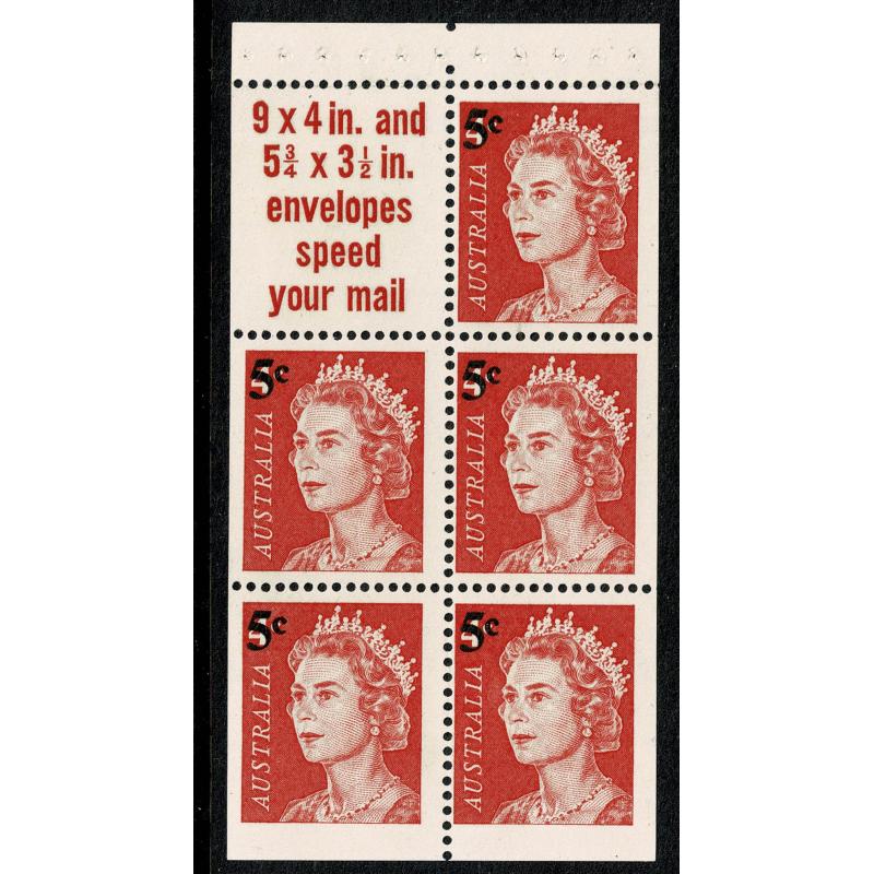 1967 5c on 4c red. Booklet pane of 5 plus label. "9 x 4 in." SG 414a