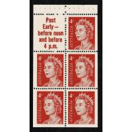 1966 4c red. Booklet pane of 5 plus label. "Post Early" SG 385a