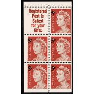 1967 5c on 4c red. Booklet pane of 5 plus label. "Registered Post" SG 414a