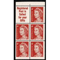 1966 4c red. Booklet pane of 5 plus label. "Registered Post" SG 385a