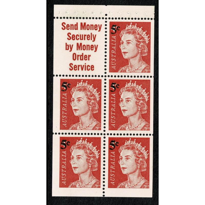 1967 5c on 4c red. Booklet pane of 5 plus label. "Send Money Securely" SG 414a