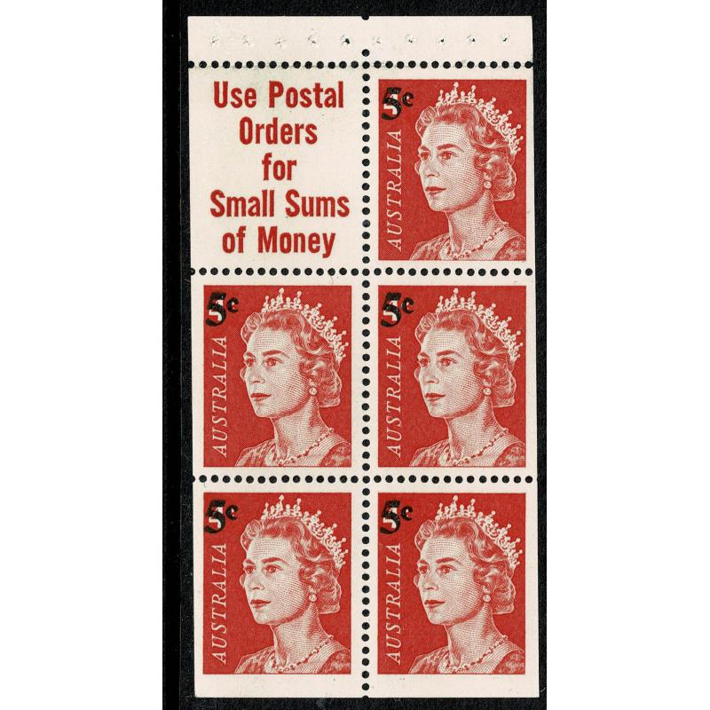 1967 5c on 4c red. Booklet pane of 5 plus label. "Use Postal Orders" SG 414a