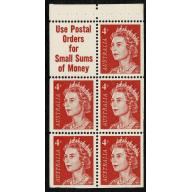 1966 4c red. Booklet pane of 5 plus label. "Use Postal Orders" SG 385a