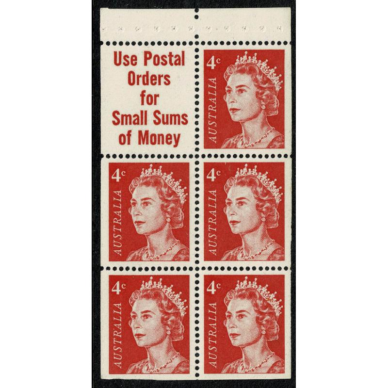 1966 4c red. Booklet pane of 5 plus label. "Use Postal Orders" SG 385a