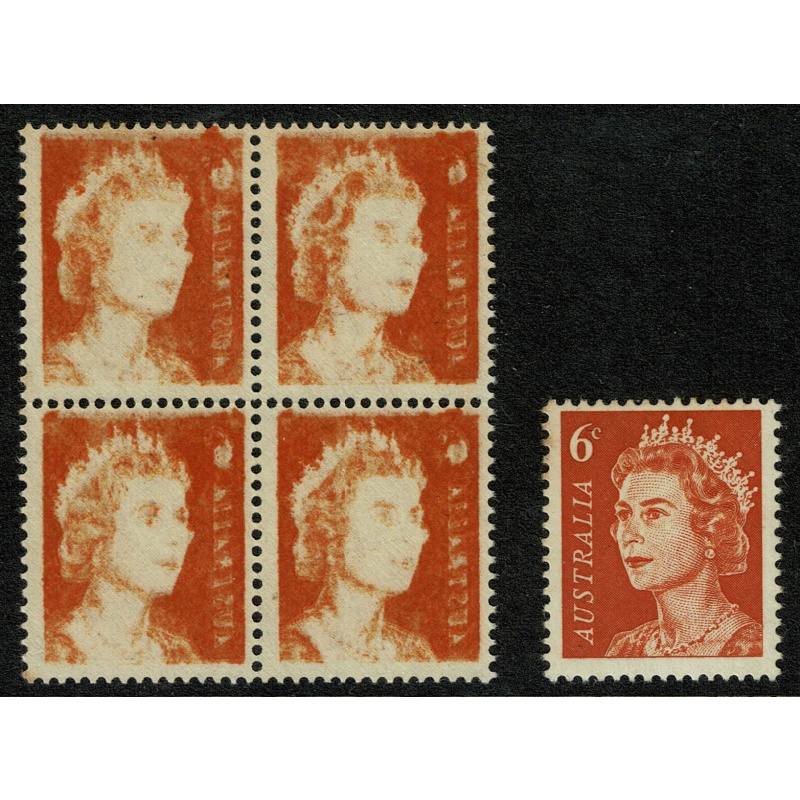 Australia. 1970 6c Orange. OFFSET ERROR. Block of four. SG 387a var