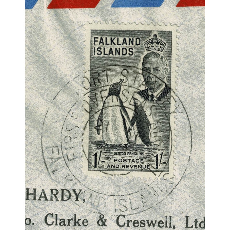 Falkland Islands. 1952 1/- black SG 180. Airmail cover with Special Handstamp "Port Stanley First Overseas Airmail"