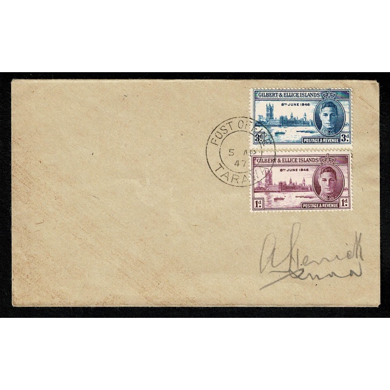 Gilbert & Ellice Islands. 1946 Victory. Set on unaddressed cover. SG 55-56