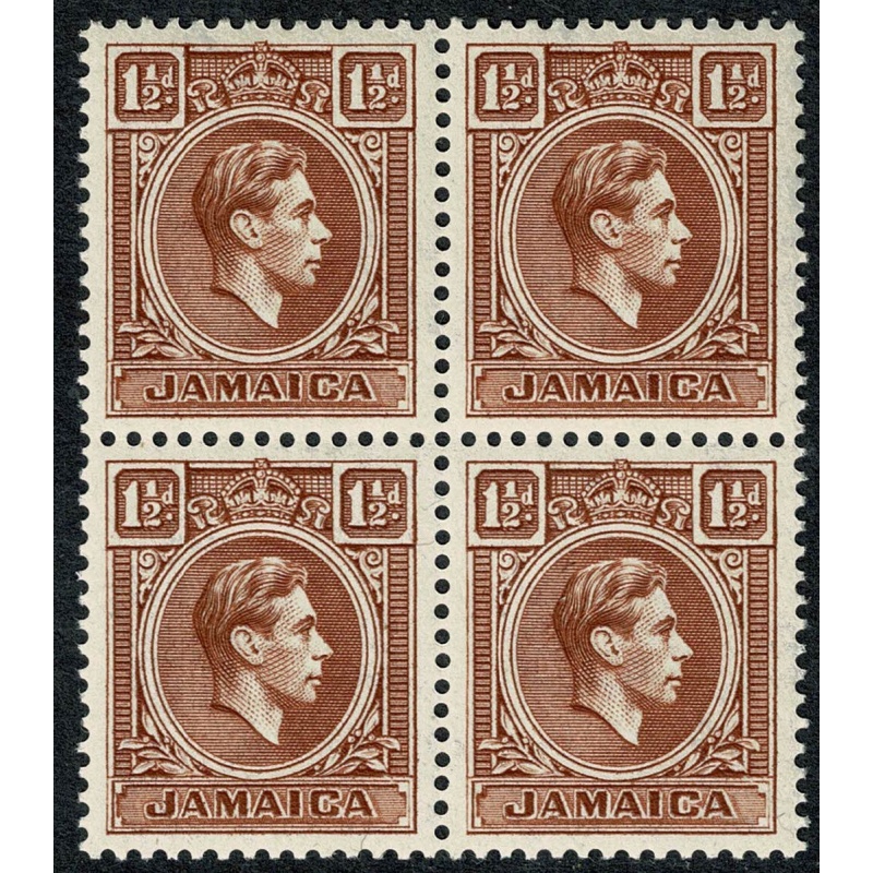 Jamaica. 1938 1½d brown. Block of 4. Unmounted Mint. SG 123