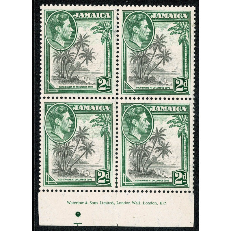 Jamaica. 1938 2d grey & green. Imprint block of 4. Mounted Mint. SG 124