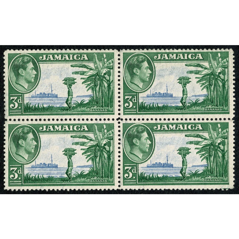 Jamaica. 1938 3d ultramarine & green. Block of 4. Unmounted Mint. SG 126