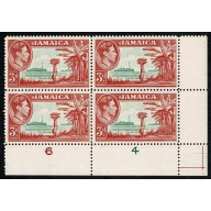 Jamaica. 1952 3d green & scarlet. Plate 6,4 block of 4. Unmounted Mint. SG 126c