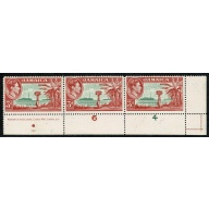 Jamaica. 1952 3d green & scarlet. Imprint and  Plate 6,4 strip. Unmounted Mint. SG 126c