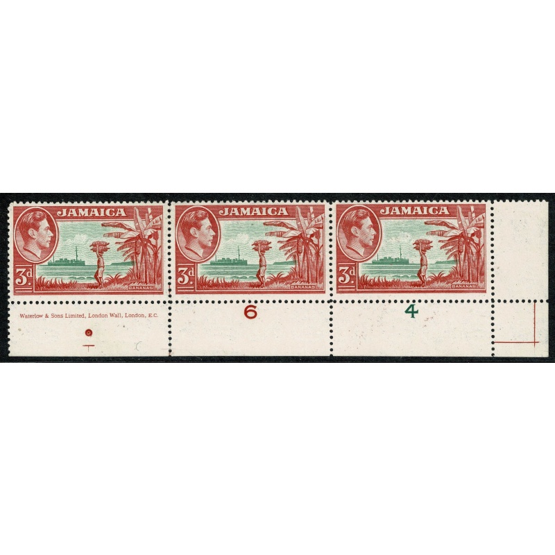 Jamaica. 1952 3d green & scarlet. Imprint and  Plate 6,4 strip. Unmounted Mint. SG 126c