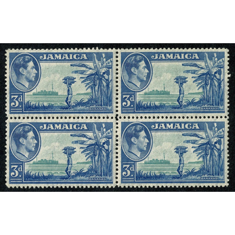 Jamaica. 1949 3d greenish blue & ultramarine. Block of 4. Unmounted Mint. SG 126b