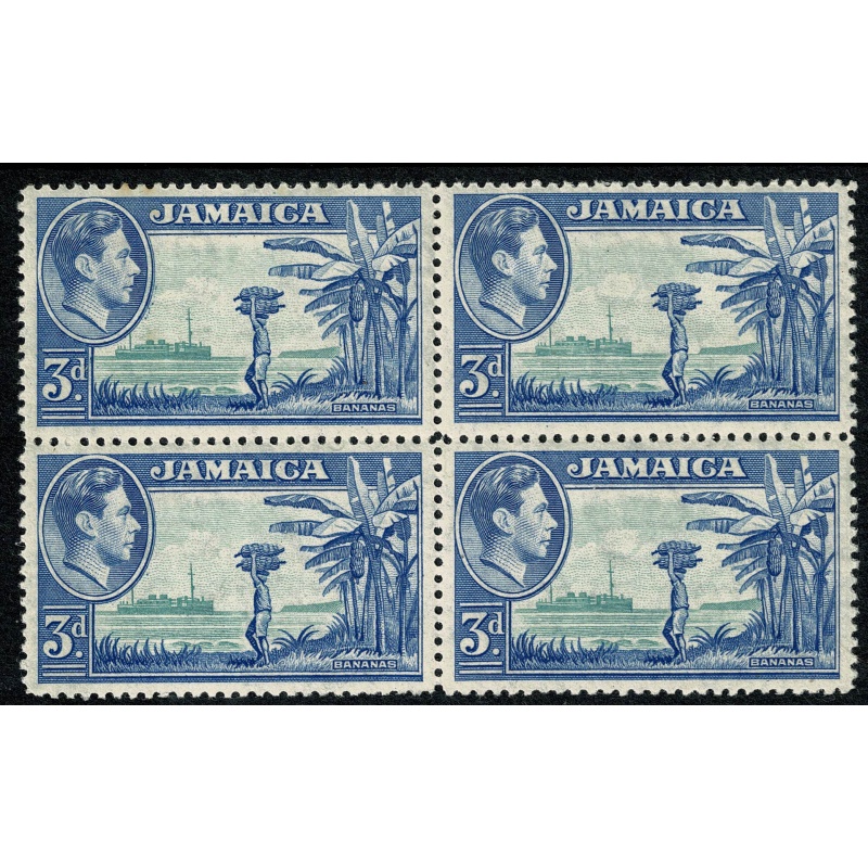 Jamaica. 1949 3d greenish blue & ultramarine. Block of 4. Unmounted Mint. SG 126b