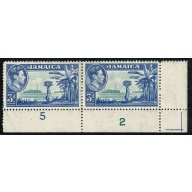 Jamaica. 1949 3d greenish blue & ultramarine. Plate 5,2 pair.. Mounted Mint. SG 126b