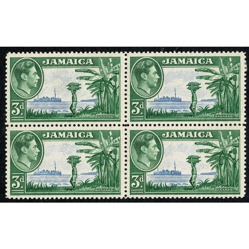 Jamaica. 1938 3d ultramarine & green. Block of 4. Mounted Mint. SG 126