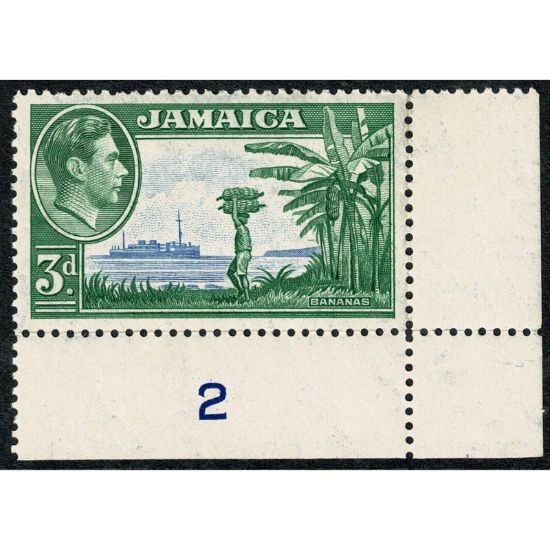 Jamaica. 1938 3d ultramarine & green. Plate 2 single. Unmounted Mint. SG 126