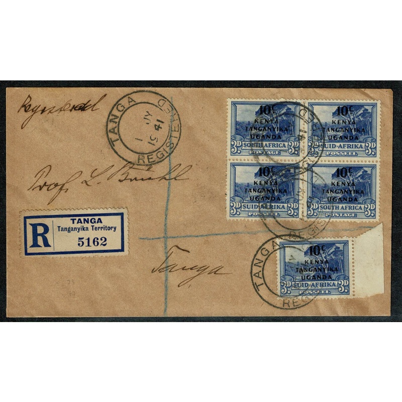 K.U.T. 1941 10c on 3d, SG 152. Block of four plus single on registered cover.