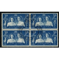 South Africa. 1947 Royal Visit. 3d blue. Used block of 4 with Royal Visit Handstamp. SG 113