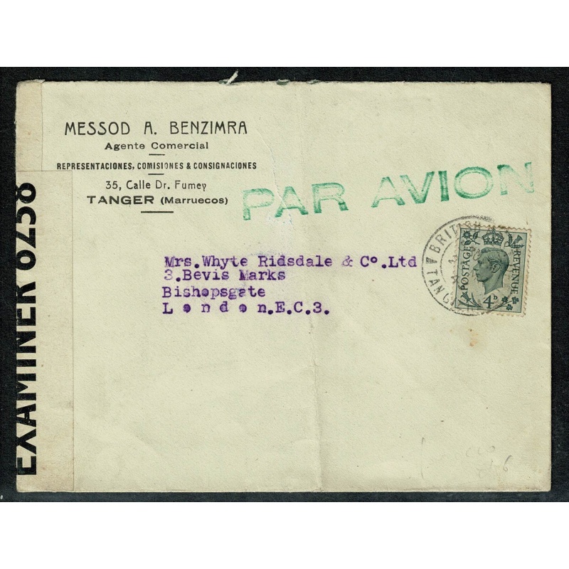 Morocco Agencies SG Z184.  Tangier 1943 4d Grey-Green Censored Cover with BPO Tangier CDS