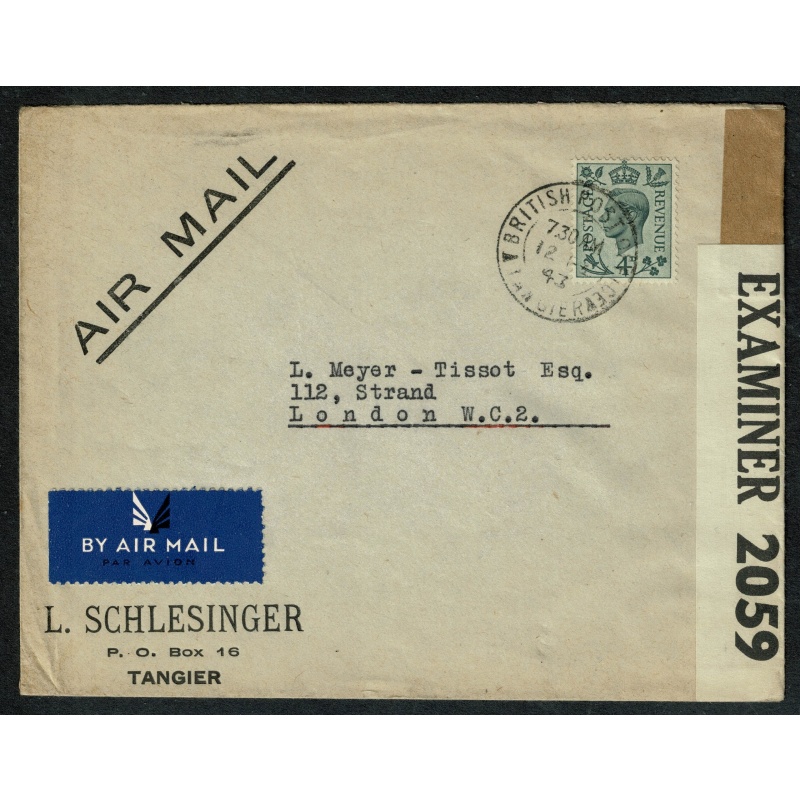 Morocco Agencies SG Z184.  Tangier 1943 4d Grey-Green Censored Cover with BPO Tangier CDS